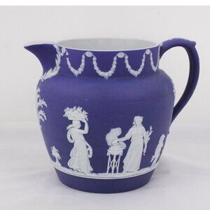 Antique Wedgwood Jasperware Dutch jug 6”, 1906 dark cobalt blue pitcher